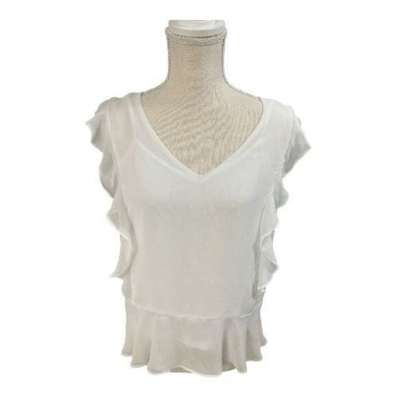 Liz Claiborne Women Silky White Ruffle Sheer Lined Blouse Size M Short Sleeve - Picture 2 of 11
